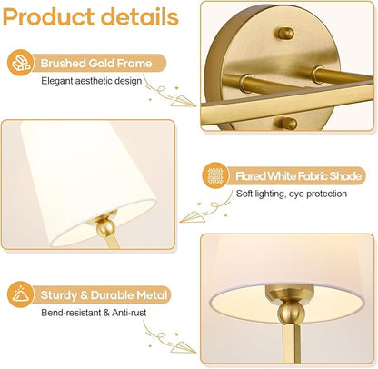 Bathroom Light Fixtures, 2-Light Brushed Gold Vanity Lights, Bathroom Lighting Fixtures Over Mirror with Flared White Fabric Shade, Modern Wall Sconces for Living Room Hallway