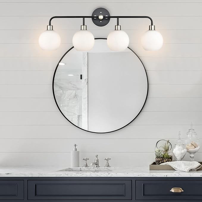 Lukasa Modern Bathroom Vanity Lights Fixtures 4-Lights Over Mirror Lighting Black with Brushed Nickel Vanity Lights for Bathroom Light Fixtures Frosted Glass Covers, UL Listed