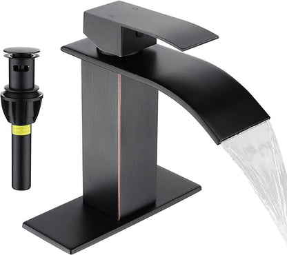 Fransiton Oil Rubbed Bronze Waterfall Bathroom Faucet Lavatory Single Handle 1 or 3 Hole Bathroom Sink Faucet Washbasin Faucet with Deck and Pop-up Drain (Short, Oil Rubbed Bronze)