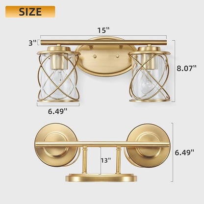 Modern Vanity Lights with Cage Shade, 2 Lights Over Mirror, Brushed Gold Vanity Light for Bathroom, Kitchen, Bedroom