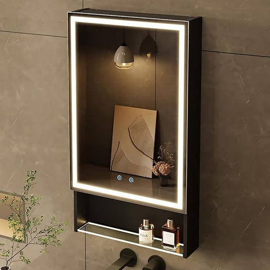 20"×34" Lighted Medicine Mirror Cabinet with Storage Adjustable Brightness 3 Color Temperature Lighting Anti-Fog Sturdy Aluminum Medicine Cabinet with Lights 2 Socket & 2 USB Ports & Adjustable Shelf