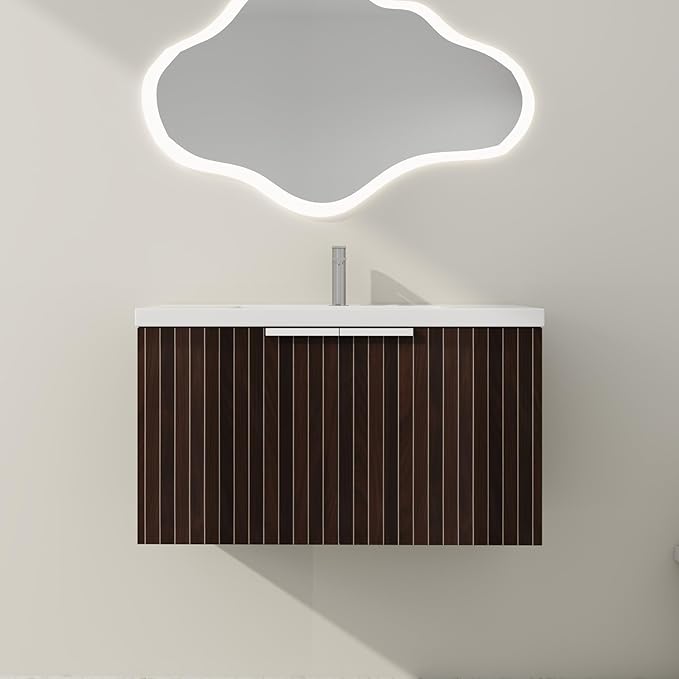 SSLine Wall Mounted Bathroom Vanity with Sink Combo Modern 36-Inch Single Bathroom Vanity Set with Top Basin &Storage Cabinet Wood Hanging Bath Cabinet w/Resin Sink for Small Space(Dark Brown Stripe)
