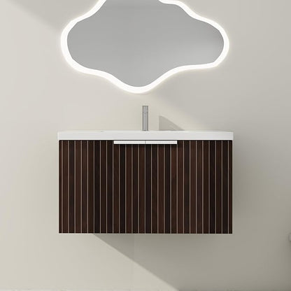 SSLine Wall Mounted Bathroom Vanity with Sink Combo Modern 36-Inch Single Bathroom Vanity Set with Top Basin &Storage Cabinet Wood Hanging Bath Cabinet w/Resin Sink for Small Space(Dark Brown Stripe)