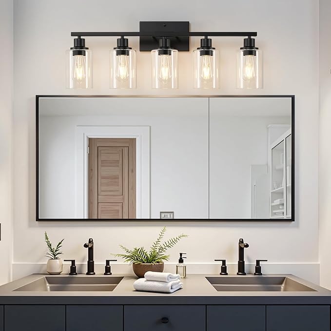 5-Light Bathroom Light Fixtures, Vanity Light with Clear Glass Shades, Matte Black Bathroom Light Fixtures Over Mirror, Modern Bathroom Wall Lamp for Mirror Living Room Cabinet Bedroom