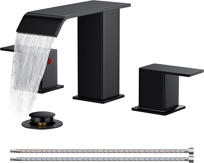 FORIOUS Bathroom Faucets 3 Hole,Matte Black 8 Inch Widespread Bathroom Sink Faucet Waterfall Spout, with Pop Up Drain and Water Supply, Suitable for Vanity Rv Commercial Lavatory Restroom