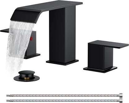 FORIOUS Bathroom Faucets 3 Hole,Matte Black 8 Inch Widespread Bathroom Sink Faucet Waterfall Spout, with Pop Up Drain and Water Supply, Suitable for Vanity Rv Commercial Lavatory Restroom