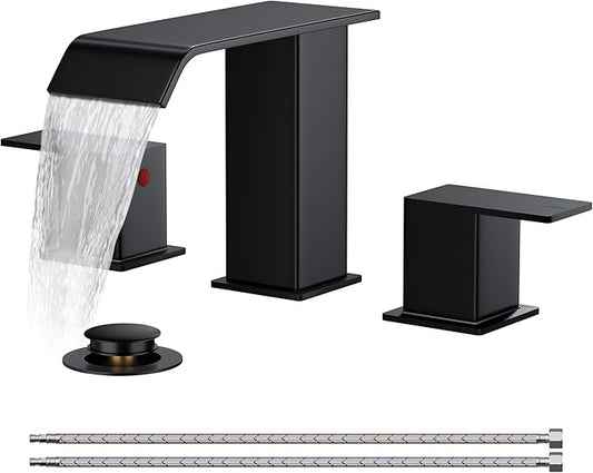 FORIOUS Bathroom Faucets 3 Hole,Matte Black 8 Inch Widespread Bathroom Sink Faucet Waterfall Spout, with Pop Up Drain and Water Supply, Suitable for Vanity Rv Commercial Lavatory Restroom