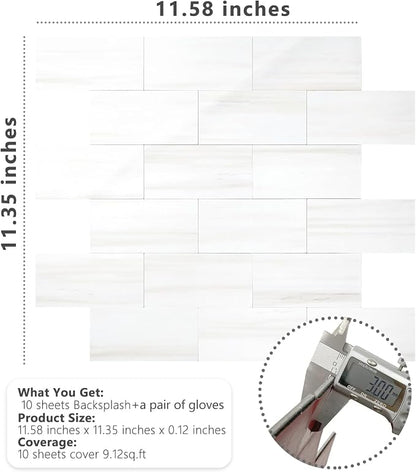 STICKGOO 10-Sheet Subway Tile Peel and Stick Wall Tiles, Seamless Design Polished Dolomite Kitchen Backsplash, PVC Stick on Tiles for Kitchen, Bathroom, RV, Fireplace