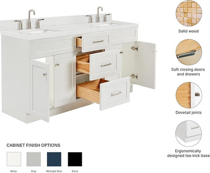 ARIEL Hamlet 66-inch Bathroom Vanity with Sink,Solid Wood, 1.5-inch Carrara White Quartz Countertop & Backsplash, Double Rectangular Porcelain Sink, 4 Soft Closing Doors, 3 Dovetail Drawers, White