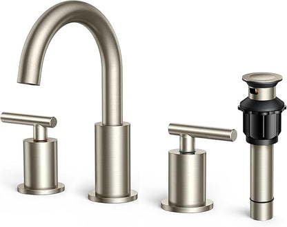 FORIOUS Brushed Nickel Bathroom Faucet 3 Hole Vanity with Metal Pop Up Drain and 24" Supply Lines, 2 Handle 8 Inch Widespread Faucet for Bathroom Sink 3 Hole Brushed Nickel with 360° Swivel Spout