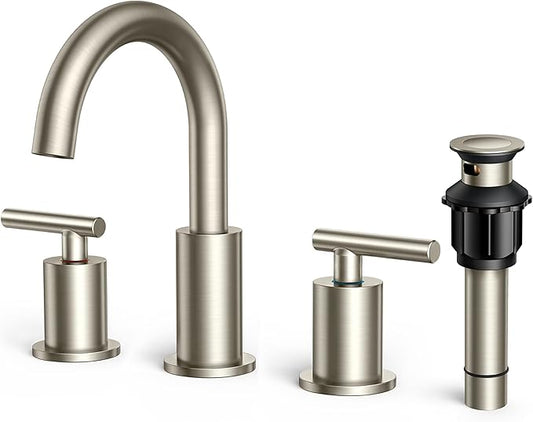 FORIOUS Brushed Nickel Bathroom Faucet 3 Hole Vanity with Metal Pop Up Drain and 24" Supply Lines, 2 Handle 8 Inch Widespread Faucet for Bathroom Sink 3 Hole Brushed Nickel with 360° Swivel Spout