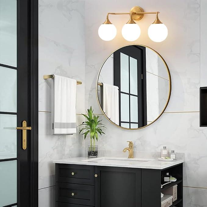 Brushed Gold Bathroom Light Fixtures Over Mirror Vanity 3-Light | Mid Century Modern Brushed Gold Wall Sconce with Milky White Glass Ball Shades for for Bathroom Dressing Table Bedroom