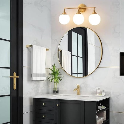 Brushed Gold Bathroom Light Fixtures Over Mirror Vanity 3-Light | Mid Century Modern Brushed Gold Wall Sconce with Milky White Glass Ball Shades for for Bathroom Dressing Table Bedroom