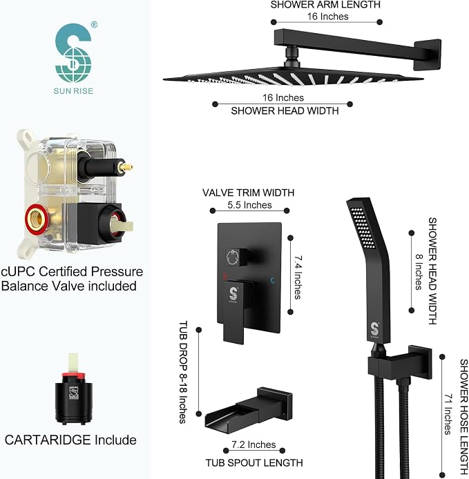 SR SUN RISE 16 Inch All Metal Square Shower System with Tub Spout, Tub Shower Faucet Set, High Pressure Rain Shower Head and Handheld Sprayer Shower Fixtues, Valve Included, Matte Black