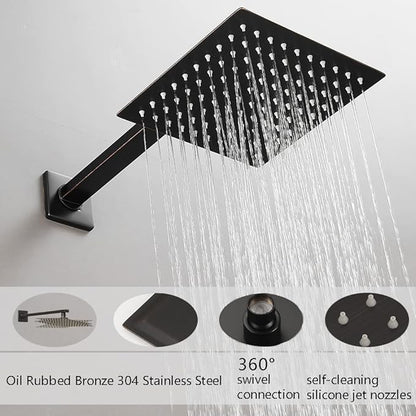 Oil Rubbed Bronze Shower Faucet Set, Single Function Shower Trim Kit with Rough-in Valve, Square Rain Shower Head System Included Extra Long Shower Arm for Bathroom