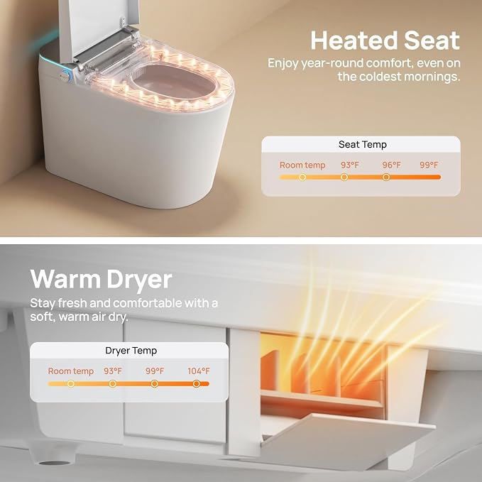 Smart Toilet with Bidet Built-in: Super Gentle Wash Bidet Toilet with Dryer, Dual Flush One Piece Toilets with Auto Lid/Seat, Foam, Heated Seat, Foot Sensor, UV-C Night Light, Child Mode, Grey