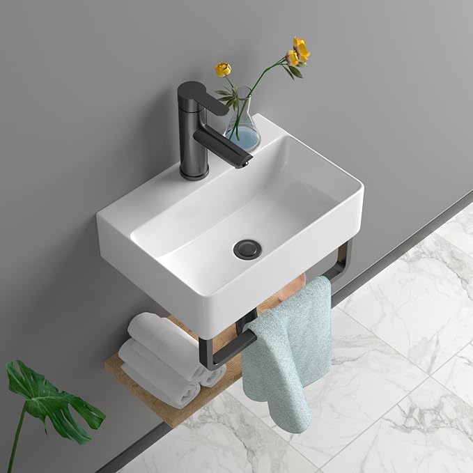 Floating Bathroom Sink Wall Mounted - 14"x10" Rectangular Vessel Sink With Black Faucet & Drain Combo Small Modern White Ceramic Porcelain Vessel Vanity Sinks