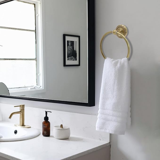 4 Piece Antique Brass Gold Bathroom Accessories Set - 24” Towel Holder, Antique Bar Brass Bath Accessories - Wall Mounted Bathroom Hardware Accessory Set
