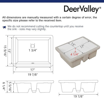 DeerValley Rectangular Undermount Bathroom Sink,19.72"x15.59"x6.54" Modern Vessel Sink White Undermount Bathroom Sink Rectrangle Porcelain Ceramic Lavatory Vanity Vessel Sink with Overflow