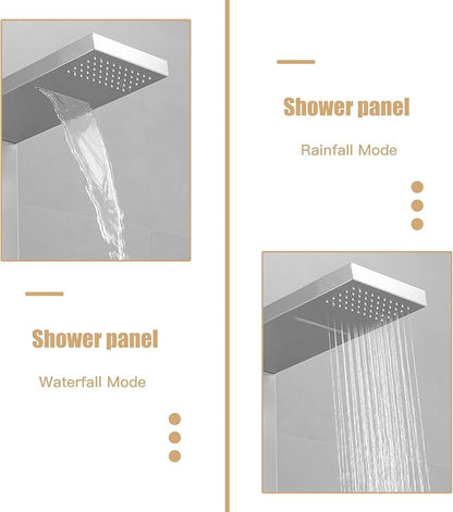 Shower Panel Tower System, 4 in 1 Stainless Steel Rainfall Shower Panels with 4-Functions, 8 Body Massage Jets, Handheld Head, Wall Mounted Brushed Nickel