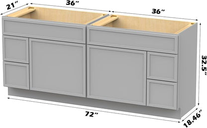 HomeBeyond 72 Inches Bathroom Vanity Base Cabinet Without Sink, Double Sink Top with Door & Soft Closing Drawers, Sturdy Floor Mounted Cabinet 2-Door 4-Drawer, Grey
