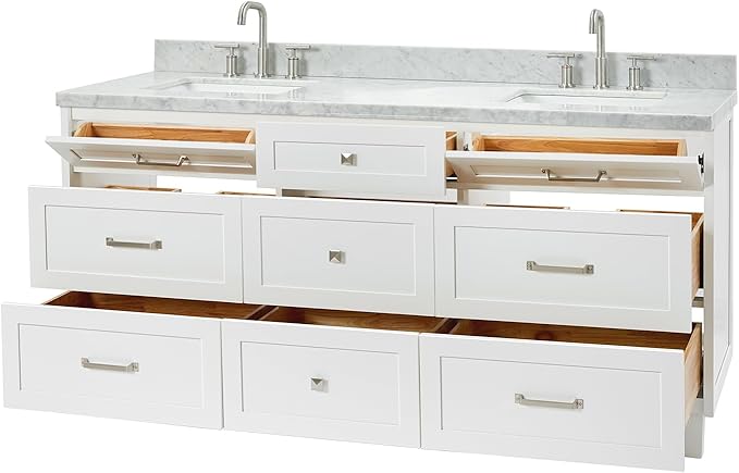 ARIEL Monroe 72-inch Bathroom Vanity with Sink,Solid Wood, 1.5-inch Italian Carrara Marble Countertop & Backsplash, Double Oval Porcelain Sink, 9 Dovetail Drawers, Brushed Nickel, White