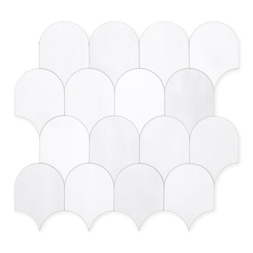 SUNWINGS 10-Sheet Fish Scale Peel and Stick Backsplash Tile, 11.4'' x 10.9" Stone Composite Scallop Handmade Looks Self-Adhesive Wall Tiles for Kitchen Bathroom, White Mixed