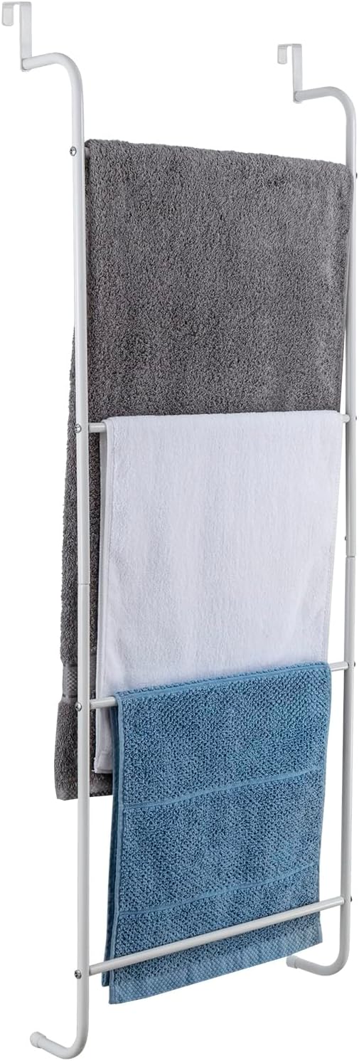 MyGift 4 Tier White Metal Over the Door Towel Rack Bathroom Holder Ladder | Space Saving Over Shower Door Drying Rack for Towels & Blankets, Linens Washcloths Clothing Guest Room Apartment Dorm
