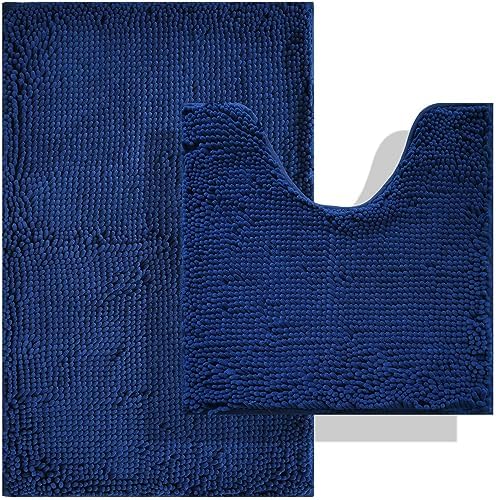 BOANKODU Bathroom Rugs Sets 2 Piece, Absorbent Bath Mat for Bathroom Very Soft Chenille Non-Slip, 32x20 + 20x20 Inch U Shape Bathroom Mat, Machine Washable Bath Rugs (Navy Blue)
