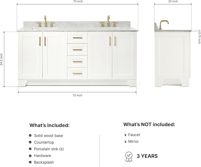 ARIEL Taylor 72-inch Bathroom Vanity with Sink,Solid Wood, 0.75-inch Italian Carrara Marble Countertop, Double Rectangular Porcelain Sink, 4 Soft Closing Doors, 6 Dovetail Drawers, White