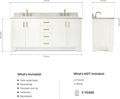 ARIEL Taylor 72-inch Bathroom Vanity with Sink,Solid Wood, 0.75-inch Italian Carrara Marble Countertop, Double Rectangular Porcelain Sink, 4 Soft Closing Doors, 6 Dovetail Drawers, White