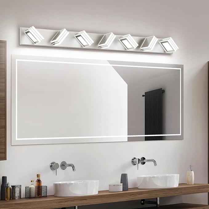 SOLFART LED Modern Vanity Lights Fixtures - 7 Lights Acrylic Brushed Nickel Modern Bathroom Wall Light Over Mirror 46inch