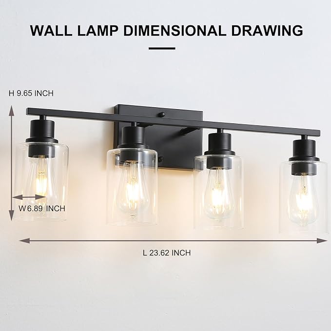 4-Lights Black Gallery Wall Sconces,Brushed Black Bathroom Vanity Light Fixtures with Clear Glass Shades, Farmhouse Modern Wall Lighting for Mirror,Living Room,Bedroom, E26 Base