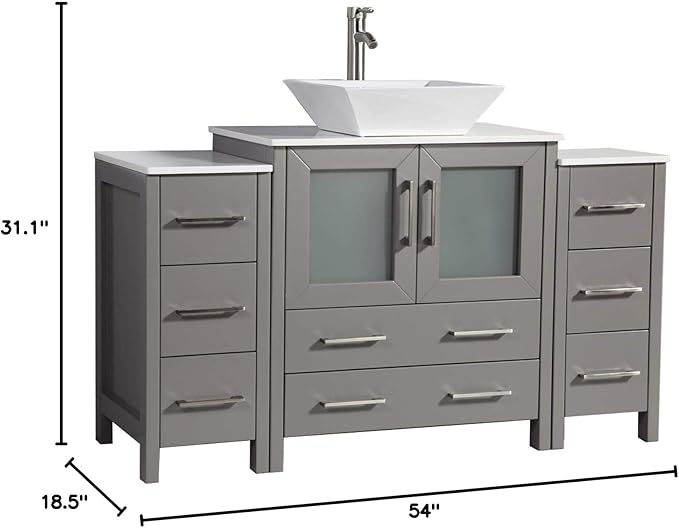 Vanity Art 54 Inch Vessel Single Sink Bathroom Vanity Cabinet with 1 Mirror, Engineered Marble Top Bathroom Cabinet Compact Set with 8 Dovetail Drawers and Soft Closing Doors, VA3130-54-G