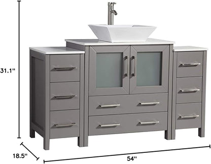 Vanity Art 54 Inch Vessel Single Sink Bathroom Vanity Cabinet with 1 Mirror, Engineered Marble Top Bathroom Cabinet Compact Set with 8 Dovetail Drawers and Soft Closing Doors, VA3130-54-G
