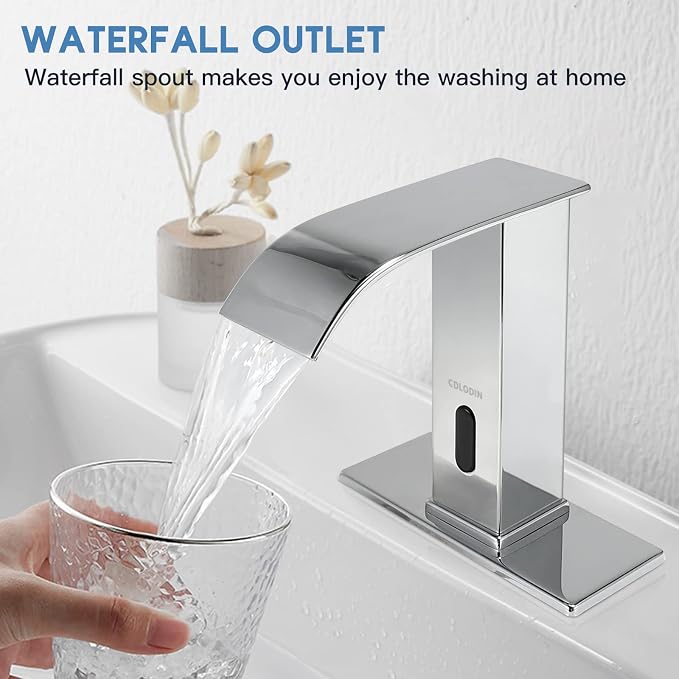 Automatic Sensor Touchless Bathroom Faucet, Modern Chrome Bathroom Faucet for Sink 1 Hole, Waterfall Single Hole Bathroom Sink Faucet Stainless Steel, Hands Free Motion Sensor Lavatory Faucet
