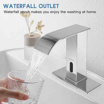 Automatic Sensor Touchless Bathroom Faucet, Modern Chrome Bathroom Faucet for Sink 1 Hole, Waterfall Single Hole Bathroom Sink Faucet Stainless Steel, Hands Free Motion Sensor Lavatory Faucet