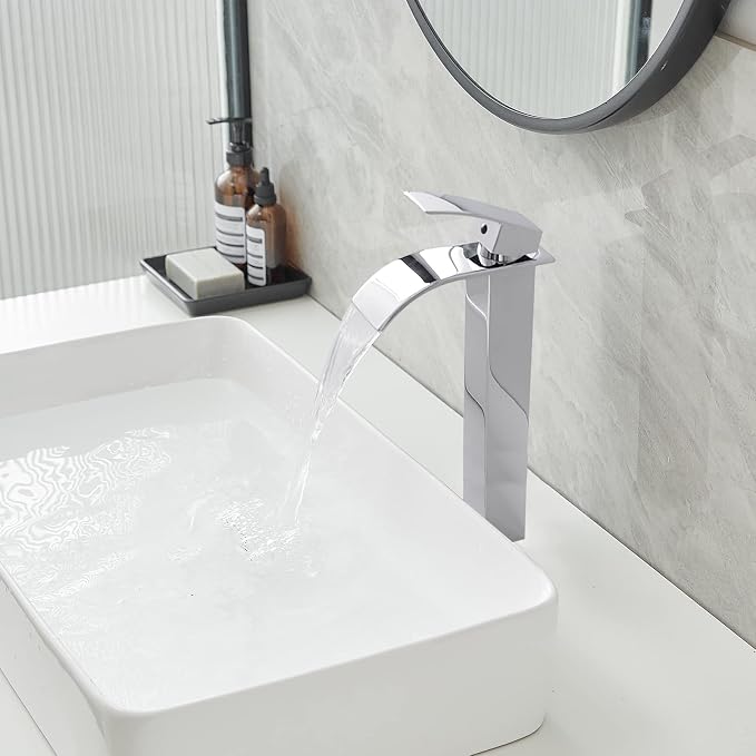 Chrome Bathroom Faucet Waterfall Vessel Sink Faucet Modern Stainless Steel | Single Handle One Hole Deck Mount,Bowl Vanity Sink Faucet,with Pop-up Drain Assembly and Supply Line,Lead-Free by Bathfinesse