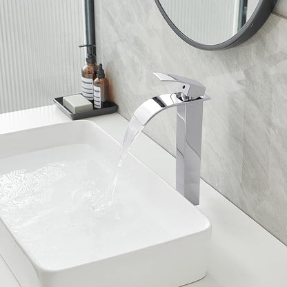 Chrome Bathroom Faucet Waterfall Vessel Sink Faucet Modern Stainless Steel | Single Handle One Hole Deck Mount,Bowl Vanity Sink Faucet,with Pop-up Drain Assembly and Supply Line,Lead-Free by Bathfinesse