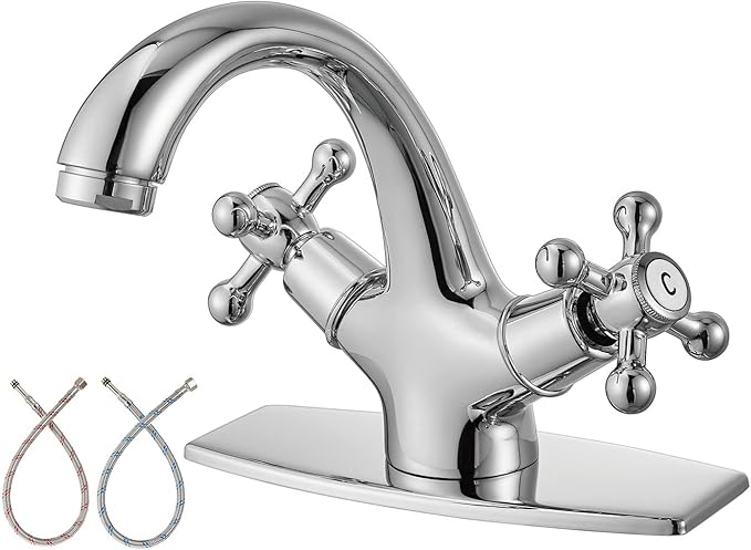 Aolemi Bathroom Sink Faucet Single Hole Cold and Hot Double Handle Cross Knobs Vanity Vessel Sink Basin Mixer Tap with Deck Cover Plate Without Pop Up Drain Polish Chrome