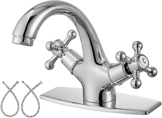 Aolemi Bathroom Sink Faucet Single Hole Cold and Hot Double Handle Cross Knobs Vanity Vessel Sink Basin Mixer Tap with Deck Cover Plate Without Pop Up Drain Polish Chrome