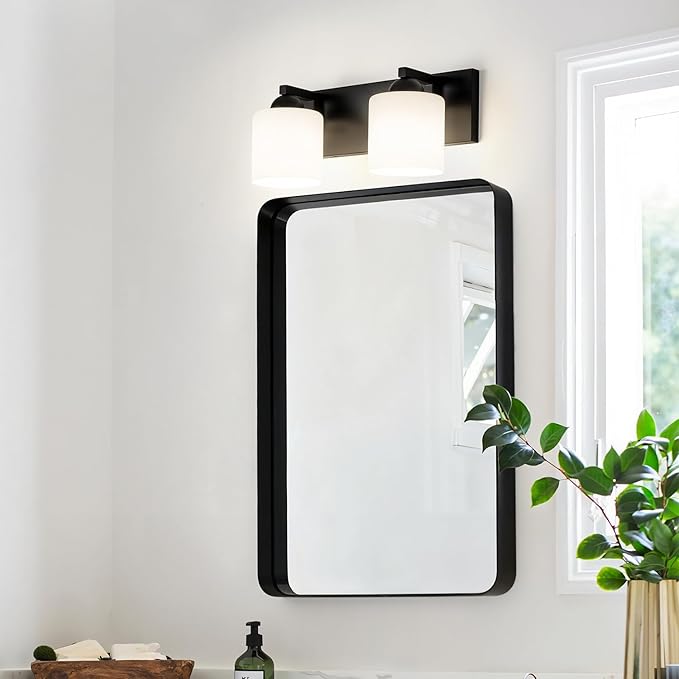 mirrea 16in 2-Light Black Vanity Lights for Bathroom, Vanity Lighting Fixtures with Etched White Glass Shades
