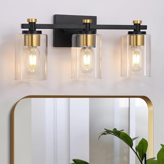 3-Light Black Gold Bathroom Vanity Light with Clear Glass Shades | Modern Bathroom Light Fixture, E26 Socket, Over Mirror Lighting for Bath Vanity Decor, High Quality Metal