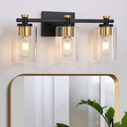 3-Light Black Gold Bathroom Vanity Light with Clear Glass Shades | Modern Bathroom Light Fixture, E26 Socket, Over Mirror Lighting for Bath Vanity Decor, High Quality Metal