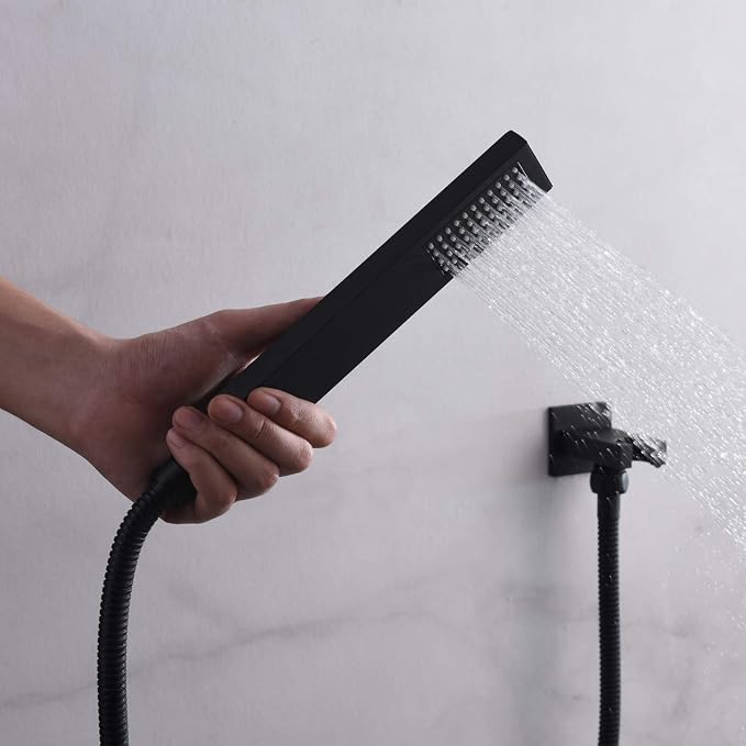 SUMERAIN Bathroom Matte Black Shower System Fixtures | 8" Stainless Steel High Pressure Rain Shower, Brass Rough-in Valve, Hand Shower, Concealed Box Design