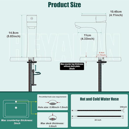 Heyalan Bathroom Faucet Single Handle 1 Hole SUS304 Stainless Steel Deck Mount Lavatory Single Switch Basin Sink Faucet with Pop Up Drain and Hot and Cold Water Mixer Matte Black