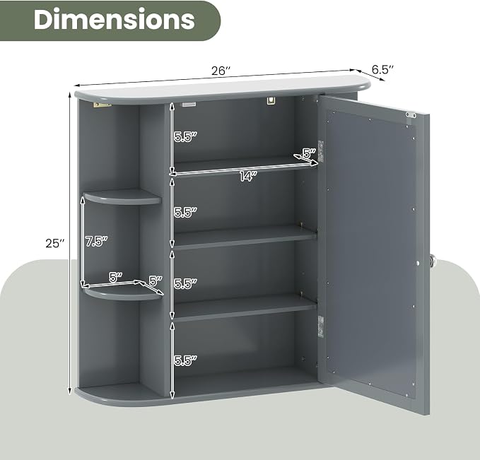GIANTEX Bathroom Mirror Cabinet (Grey) | Wall Mounted Medicine Cabinet with Mirrored Door & 4 Interior Shelves, 6 Open Shelves, Space-saving Storage Cabinet