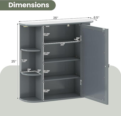 GIANTEX Bathroom Mirror Cabinet (Grey) | Wall Mounted Medicine Cabinet with Mirrored Door & 4 Interior Shelves, 6 Open Shelves, Space-saving Storage Cabinet