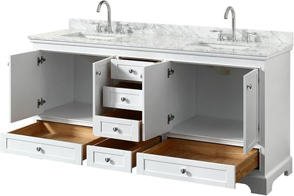 Wyndham Collection Deborah 72 inch Double Bathroom Vanity in White, White Carrara Marble Countertop, Undermount Square Sinks, and No Mirror