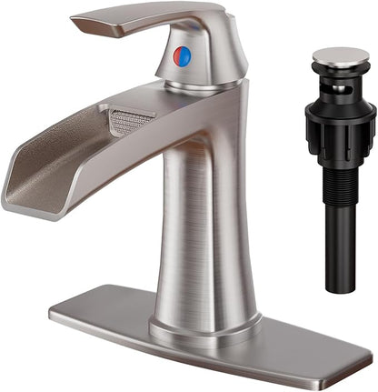 Fapully Bathroom Faucets Brushed Nickel, Modern Waterfall Bathroom Sink Faucet with Single Handle for 1 or 3 Holes, Vanity Faucet with Deck Plate and Drain